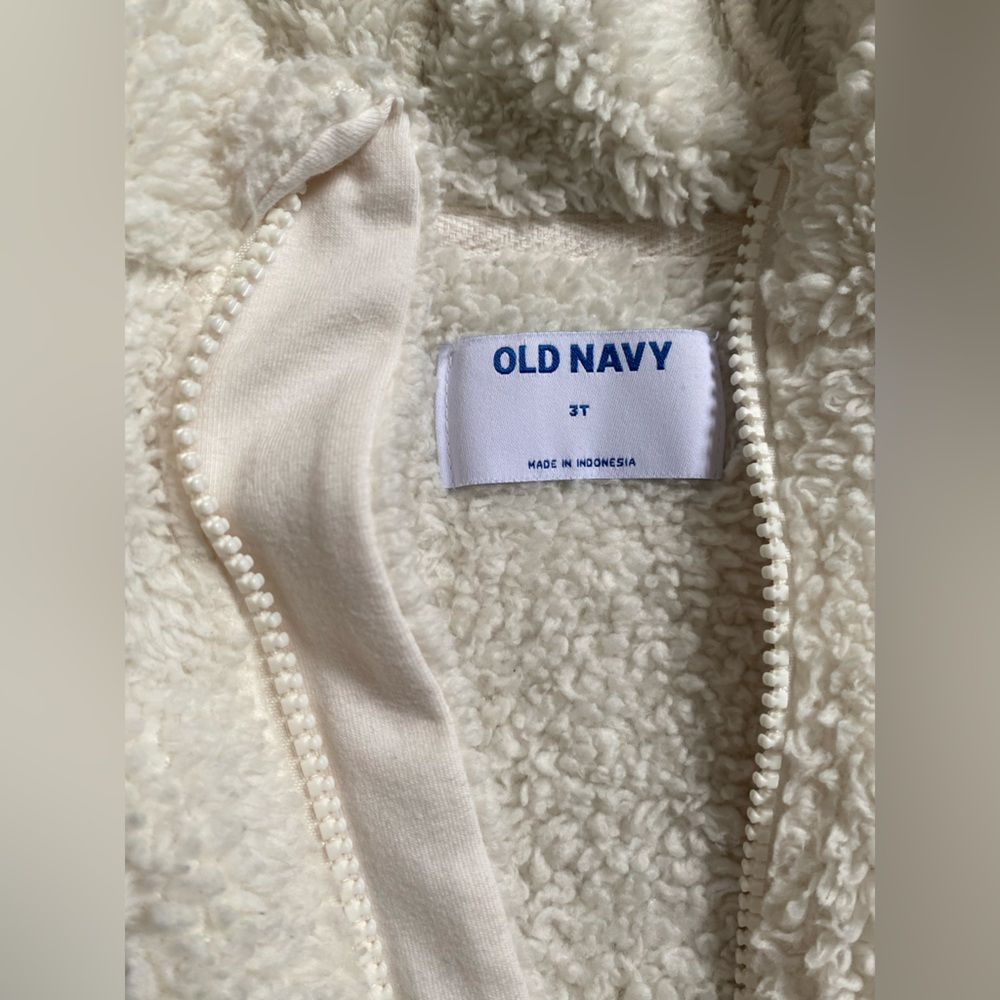 3T toddler girl sherpa fleece zip up hoodie Old Navy Cream White Jacket bear ear - Picture 14 of 16